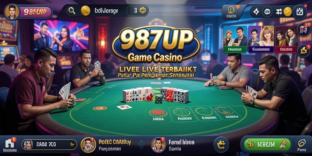 Screenshot utama 987UP menampilkan dealer langsung dan gameplay yang seru.