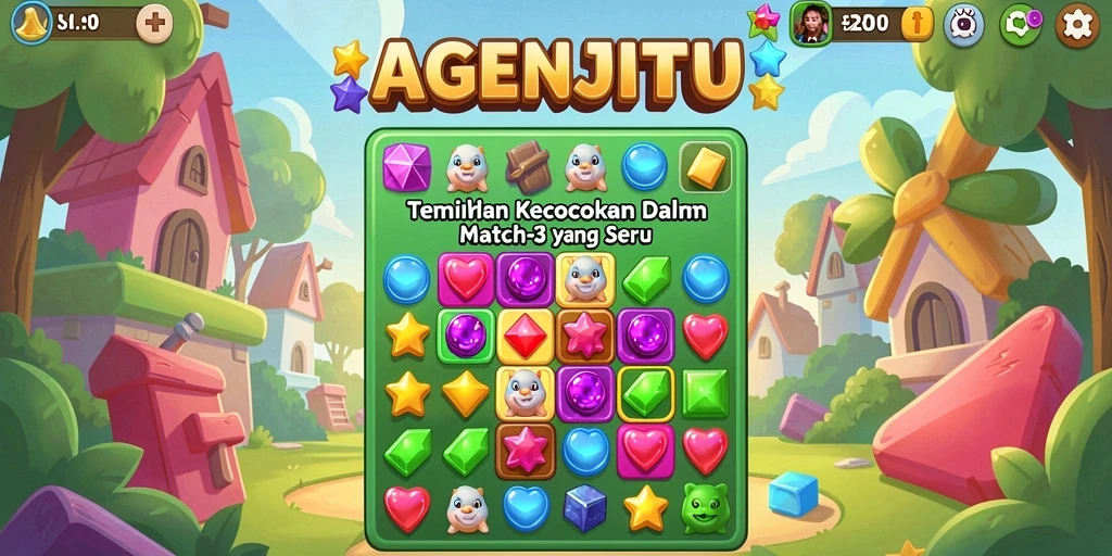 Screenshot AGENJITU menampilkan gameplay Match-3 yang menakjubkan dan penuh warna.