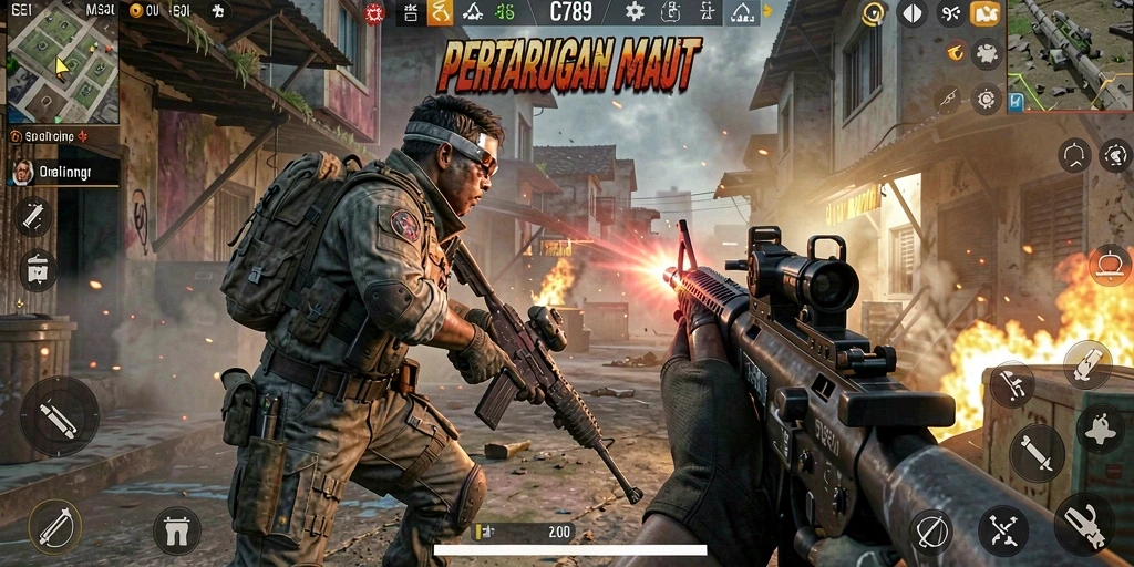 Screenshot gameplay C789 menunjukkan aksi tembak-menembak yang intens.