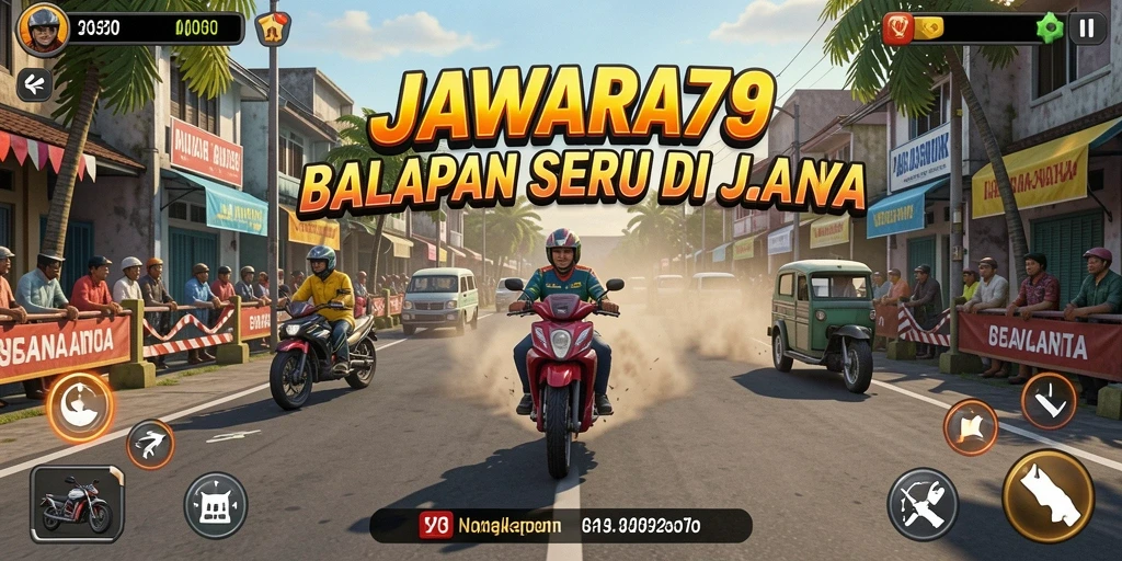 Screenshot menampilkan aksi balap seru di JAWARA79 dengan mobil kencang.