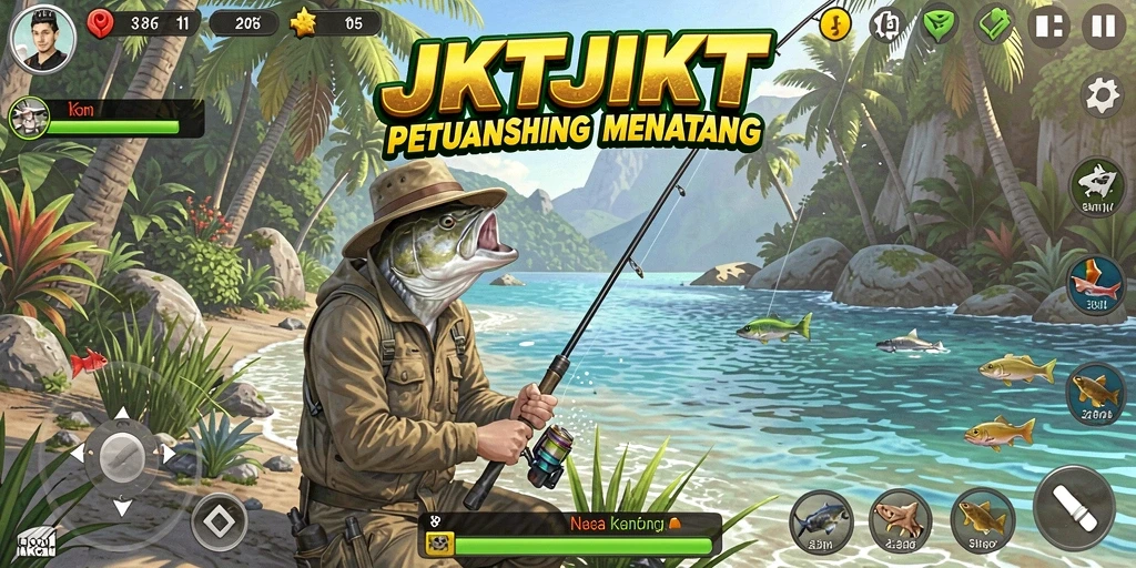 Screenshot gameplay JKTJKT menampilkan aksi memancing yang seru.