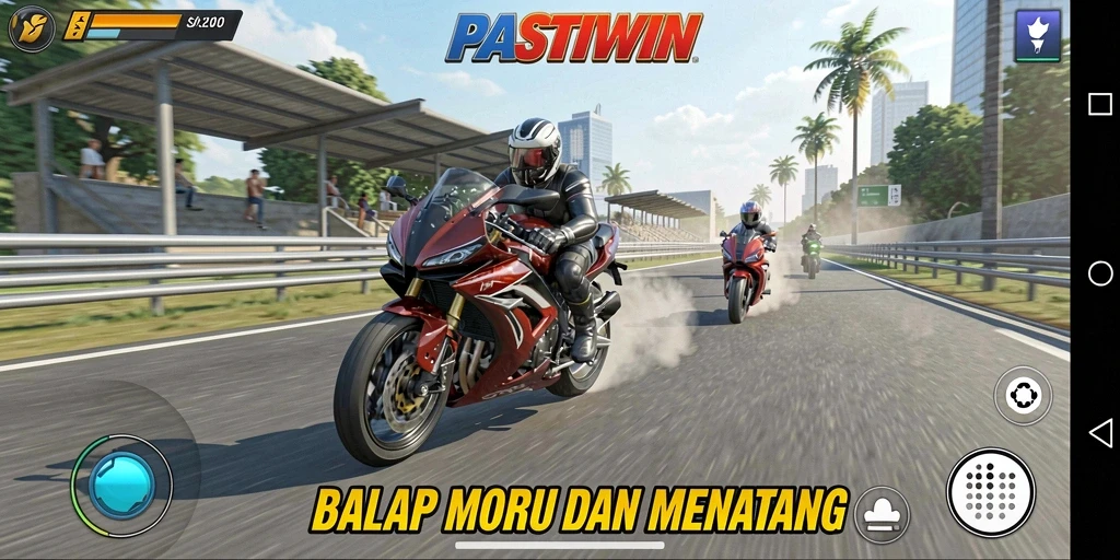 Tampilan gameplay PASTIWIN yang penuh aksi balap motor.