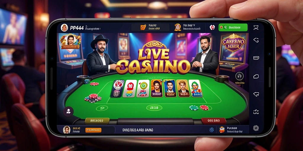 Screenshot gameplay PP444 yang menampilkan dealer langsung dalam suasana kasino.