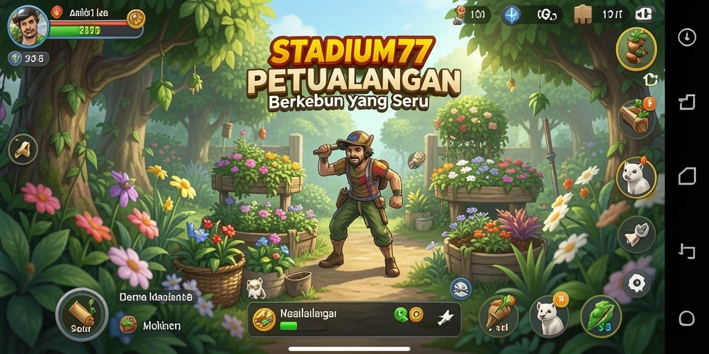 Tampilan gameplay menakjubkan dari STADIUM77 dengan kebun yang subur.