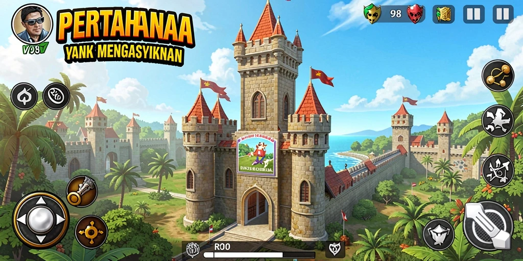 Screenshot utama V98 menampilkan gameplay menegangkan di medan pertempuran Tower Defense.