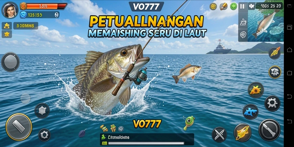 Screenshot menampilkan gameplay seru saat memancing di laut.
