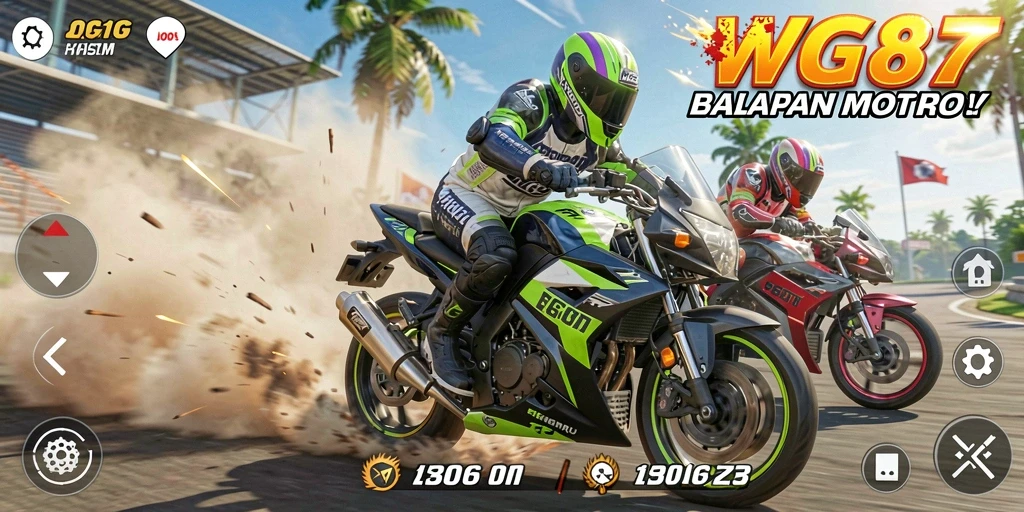 Tampilan gameplay WG87 dengan balapan motor yang mendebarkan.