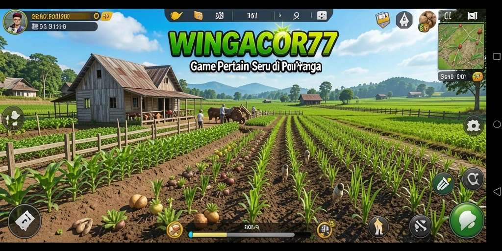Screenshot gameplay WINGACOR77 menampilkan lahan pertanian yang subur dan beragam tanaman.
